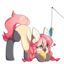 Size: 2500x2500 | Tagged: safe, artist:mimisaurusrex, derpibooru import, oc, oc:koneko, unofficial characters only, cat pony, original species, :p, behaving like a cat, bell, braid, cat socks, cat toy, clothes, collar, cute, ear fluff, eyes on the prize, face down ass up, feather, female, glasses, heart, heart eyes, mare, pigtails, silly, simple background, socks, solo, thigh highs, tongue out, transparent background, wingding eyes