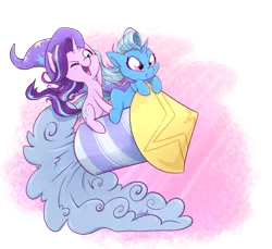Size: 1500x1374 | Tagged: safe, alternate version, artist:midnightpremiere, derpibooru import, starlight glimmer, trixie, pony, unicorn, cape, clothes, cute, diatrixes, duo, female, glimmerbetes, guardians of harmony, hat, mare, one eye closed, open mouth, rocket, simple background, smiling, smoke, toy, toy interpretation, transparent background, trixie's cape, trixie's hat, trixie's rocket