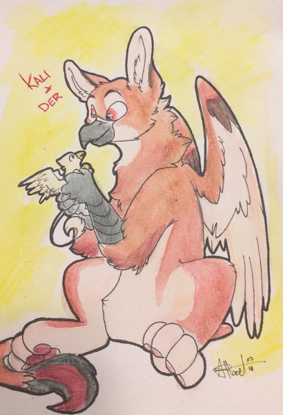 Size: 669x979 | Tagged: safe, artist:scruffasus, derpibooru import, oc, oc:der, oc:kali, unofficial characters only, gryphon, duo, male, micro, paws, size difference, traditional art, underpaw, watercolor painting