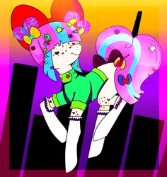 Size: 1024x1087 | Tagged: safe, artist:dr--dapper, derpibooru import, oc, earth pony, pony, abstract background, bow, clothes, cute, decora, female, hairclip, mare, shirt, socks, solo