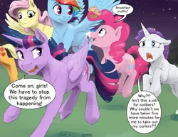 Size: 1980x1530 | Tagged: safe, artist:silfoe, derpibooru import, applejack, fluttershy, pinkie pie, rainbow dash, rarity, twilight sparkle, twilight sparkle (alicorn), alicorn, earth pony, pegasus, pony, unicorn, royal sketchbook, cutie mark, dialogue, female, flying, food, galloping, hair curlers, horn, mane six, mare, muffin, night, prehensile mane, speech bubble, stars, this will end in tears, this will end in tears and/or death, wings