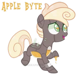 Size: 1024x1006 | Tagged: safe, artist:squeakshimi, derpibooru import, oc, oc:apple byte, unofficial characters only, pony, robot, robot pony, apple eyes, base used, offspring, parent:apple bloom, parent:sweetie belle, parents:sweetiebloom, simple background, solo, story included, transparent background, wingding eyes
