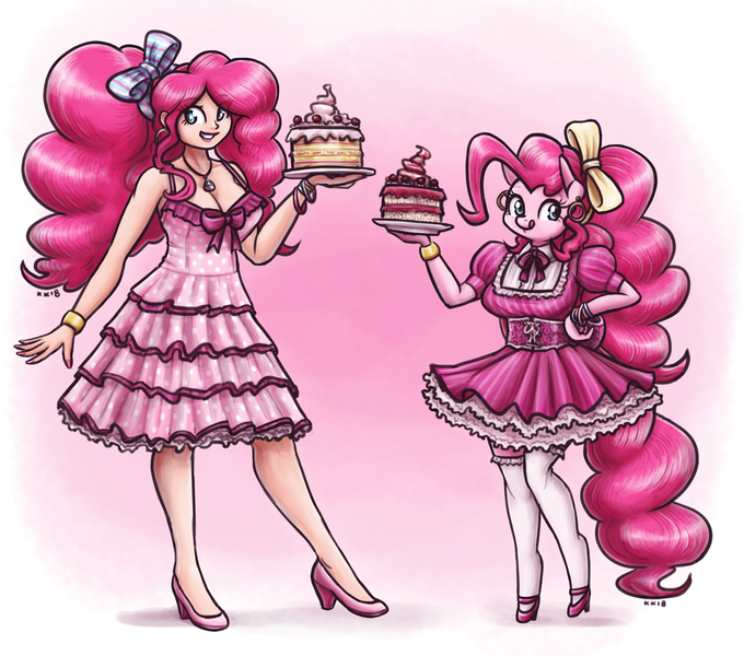 Size: 1600x1412 | Tagged: safe, artist:king-kakapo, derpibooru import, pinkie pie, anthro, human, alternate hairstyle, cake, clothes, corset, dress, food, frilly dress, high heels, human anthrodox, humanized, looking at you, mary janes, nail polish, ribbon, shoes, socks, stockings, thigh highs, tongue out