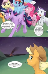 Size: 1980x3060 | Tagged: semi-grimdark, artist:silfoe, derpibooru import, applejack, fluttershy, pinkie pie, rainbow dash, rarity, twilight sparkle, twilight sparkle (alicorn), alicorn, earth pony, pegasus, pony, unicorn, royal sketchbook, comic, cutie mark, dialogue, female, fire, flying, food, galloping, hair curlers, horn, implied death, mane six, mare, muffin, night, prehensile mane, running, smoke, speech bubble, stars, this will end in tears, this will end in tears and/or death, wings