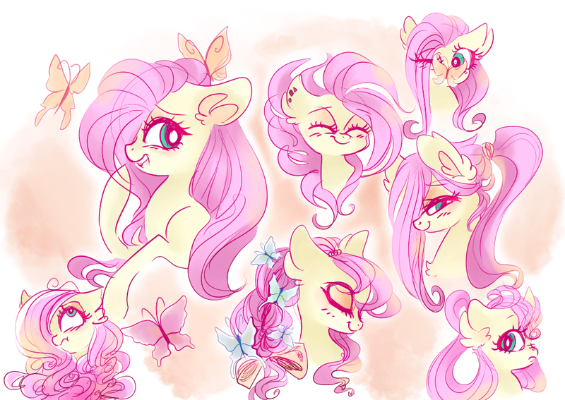 Size: 1024x726 | Tagged: safe, artist:pinkablue, derpibooru import, fluttershy, butterfly, pegasus, pony, abstract background, alternate hairstyle, blushing, bust, ear fluff, expressions, eyes closed, female, glasses, lidded eyes, mare, raised hoof, scrunchie, scrunchy face, smiling, solo