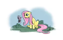 Size: 1024x662 | Tagged: safe, artist:crfahey, derpibooru import, fluttershy, butterfly, pony, floppy ears, looking at something, open mouth, sitting, solo, wingless