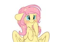 Size: 5000x3500 | Tagged: safe, artist:fluffyxai, derpibooru import, fluttershy, pegasus, pony, alternate hairstyle, bashful, blushing, bust, chest fluff, cute, daaaaaaaaaaaw, floppy ears, flower, flower in hair, fluffy, shyabetes, simple background, smiling, solo, weapons-grade cute, white background, wings