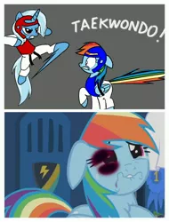 Size: 3106x4096 | Tagged: abuse, abuse edit, black eye, dashabuse, derpibooru import, edit, edited screencap, ouch, parental glideance, poor rainbow dash, rainbow dash, sad, screencap, semi-grimdark, taekwondo, trixie