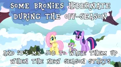 Size: 1094x610 | Tagged: safe, derpibooru import, edit, edited screencap, screencap, fluttershy, spike, twilight sparkle, dragon, pegasus, pony, unicorn, winter wrap up, adult, animal team, female, hiatus, hibernation, image macro, male, mare, meme, snow, text, unicorn twilight, winter wrap up vest