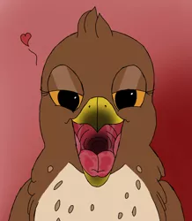 Size: 1080x1239 | Tagged: suggestive, artist:fluffygriffonbutt, artist:lightning hunt, derpibooru import, oc, oc:gloria griffon, avian, bird, gryphon, beak, bedroom eyes, drool, griffon oc, heart, imminent vore, maw, open mouth, solo