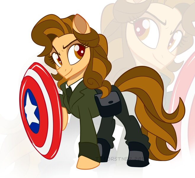 Size: 2190x1994 | Tagged: safe, artist:nanook123, derpibooru import, ponified, earth pony, pony, 20th century, agent carter, captain america, clothes, crossover, female, i wanna see her remov e her jacket and beat her chest, image, jpeg, looking at you, mare, marksman, martial artist, marvel, military tactician, peggy carter, shield, world war ii, zoom layer