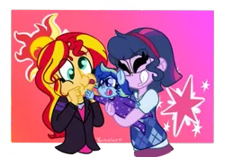 Size: 679x475 | Tagged: safe, alternate version, artist:bubaiuv, deleted from derpibooru, derpibooru import, sci-twi, sunset shimmer, twilight sparkle, oc, oc:sparkling sapphire, series:sciset diary, equestria girls, cute, cutie mark, eyes closed, family, female, happy, laughing, lesbian, magical lesbian spawn, ocbetes, offspring, parent:sci-twi, parent:sunset shimmer, parents:scitwishimmer, ponied up, scitwishimmer, shimmerbetes, shipping, silly, silly face, sunsetsparkle, twiabetes