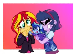 Size: 682x472 | Tagged: safe, alternate version, artist:bubaiuv, deleted from derpibooru, derpibooru import, sci-twi, sunset shimmer, twilight sparkle, oc, oc:sparkling sapphire, series:sciset diary, equestria girls, cute, eyes closed, family, female, happy, laughing, lesbian, magical lesbian spawn, ocbetes, offspring, parent:sci-twi, parent:sunset shimmer, parents:scitwishimmer, ponied up, scitwishimmer, shimmerbetes, shipping, silly, silly face, sunsetsparkle, twiabetes