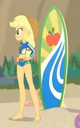 Size: 1446x2317 | Tagged: safe, derpibooru import, screencap, applejack, blue crushed, equestria girls, equestria girls series, barefoot, beach, clothes, cropped, feet, geode of super strength, legs, midriff, solo, surfboard, swimsuit