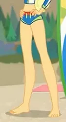 Size: 1179x2190 | Tagged: safe, derpibooru import, screencap, applejack, blue crushed, equestria girls, equestria girls series, barefoot, beach, clothes, cropped, feet, hand on hip, legs, midriff, pictures of legs, solo, swimsuit