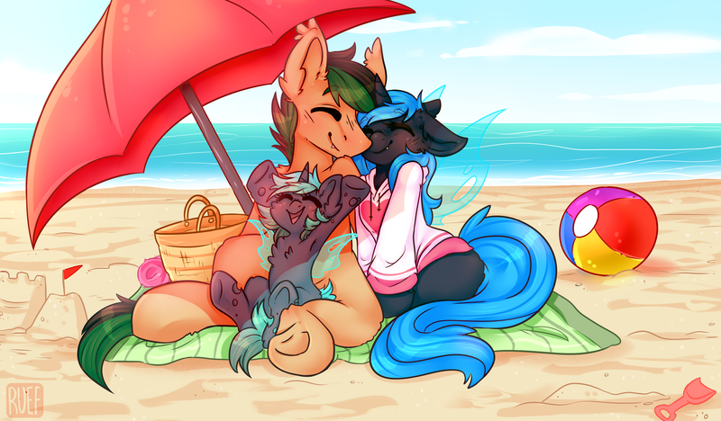 Size: 4855x2842 | Tagged: safe, artist:ruef, derpibooru import, changeling queen oc, oc, oc:iridescent, oc:mellatune, oc:melting, bat pony, changeling, changeling queen, pony, armpits, bat pony oc, beach, beach ball, beach towel, blue changeling, changeling oc, clothes, cute, family, family photo, female, hoodie, interspecies offspring, male, oc x oc, offspring, parent:oc:melting, parent:oc:rescue pony, parents:oc x oc, shipping, straight, umbrella