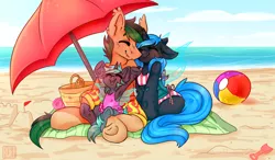 Size: 4855x2842 | Tagged: safe, artist:ruef, derpibooru import, changeling queen oc, oc, oc:iridescent, oc:mellatune, oc:melting, bat pony, changeling, changeling queen, armpits, beach, beach ball, beach towel, blue changeling, changeling oc, clothes, cute, family, family photo, female, interspecies offspring, male, oc x oc, offspring, parent:oc:melting, parent:oc:rescue pony, parents:melcue, parents:oc x oc, shipping, straight, swimsuit, umbrella