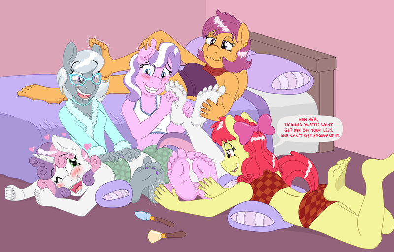 Size: 1670x1069 | Tagged: suggestive, artist:caroo, derpibooru import, apple bloom, diamond tiara, scootaloo, silver spoon, sweetie belle, anthro, plantigrade anthro, adorabloom, adorabullies, ass, barefoot, bloom butt, bra, breasts, cleavage, clothes, crying, cute, cutealoo, cutie mark crusaders, diamondbetes, diamondbloom, diasweetes, feet, female, fetish, foot fetish, laughing, lesbian, older, older apple bloom, older diamond tiara, older scootaloo, older silver spoon, older sweetie belle, paintbrush, panties, shipping, silverbelle, silverbetes, sleepover, soles, tears of laughter, tickle fetish, tickling, toe ring, toes, underwear