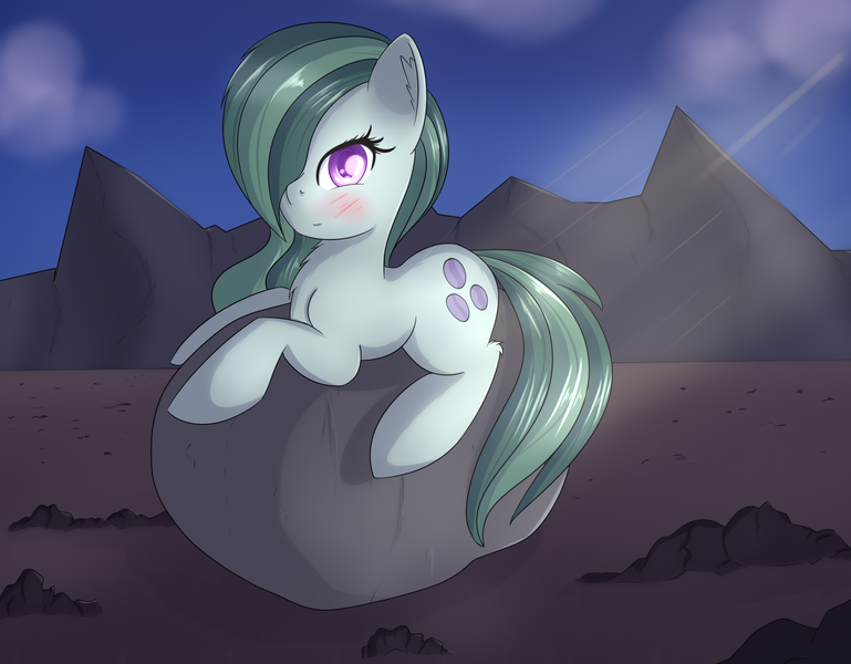 Size: 2046x1596 | Tagged: safe, derpibooru import, marble pie, pony, blushing, female, mountain, rock, rock farm, solo