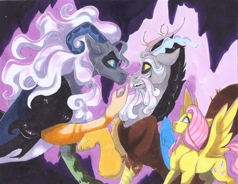 Size: 4387x3397 | Tagged: safe, artist:frozensoulpony, derpibooru import, discord, fluttershy, oc, oc:wicca, draconequus, pegasus, pony, cave, cutie mark, high res, horns, looking at each other, spread wings, stalactite, surprised, traditional art, wings