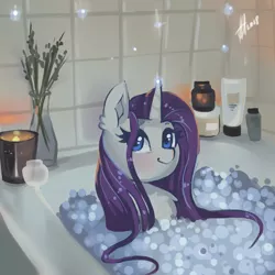 Size: 1700x1700 | Tagged: safe, artist:xjenn9, derpibooru import, rarity, pony, unicorn, bath, bathing, bathtub, bubble, bubble bath, female, mare, solo, wet mane