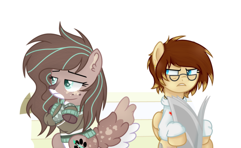 Size: 1024x630 | Tagged: safe, artist:mintoria, derpibooru import, oc, oc:bri, oc:mint, unofficial characters only, pegasus, pony, base used, clothes, female, glasses, mare, newspaper, simple background, sweater, transparent background