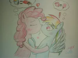 Size: 4608x3456 | Tagged: safe, artist:supercastle, derpibooru import, pinkie pie, rainbow dash, earth pony, pegasus, pony, blushing, candy, cotton candy, exclamation point, eyes closed, female, food, heart, kissing, lesbian, mare, pinkiedash, shipping, skittles, thought bubble, traditional art