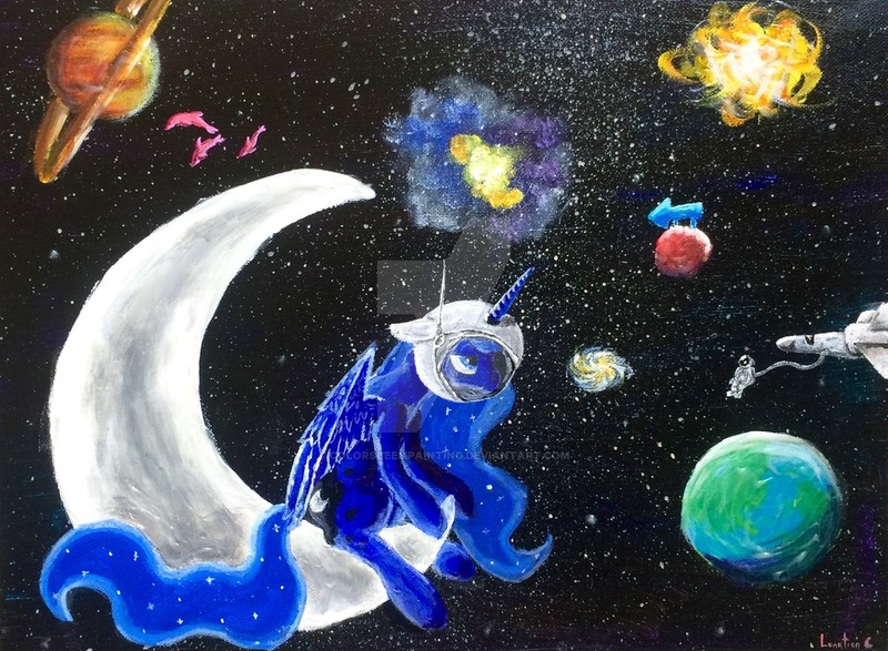 Size: 1024x751 | Tagged: safe, artist:colorsceempainting, derpibooru import, princess luna, alicorn, dolphin, pony, astronaut, blackhole, bored, canvas, equestria, helmet, moon, paint, painting, planet, solo, space, spaceship, sun, tangible heavenly object, traditional art, watermark