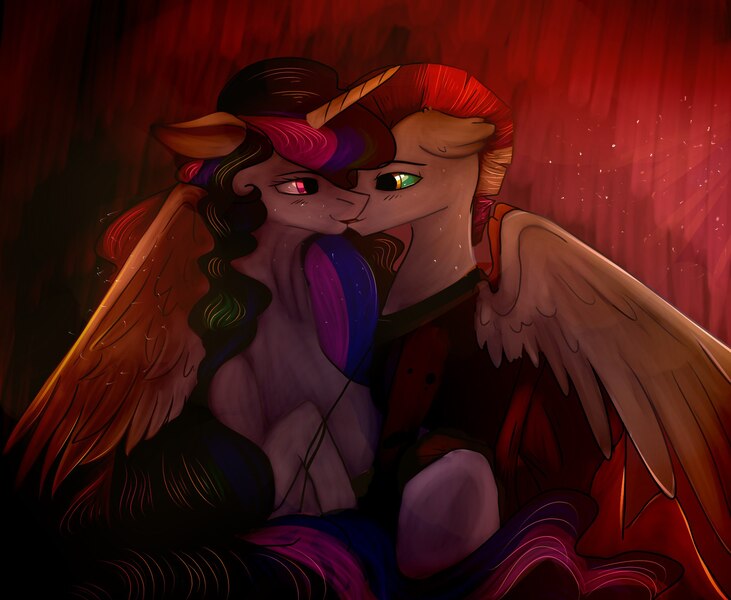 Size: 1894x1555 | Tagged: artist needed, source needed, safe, derpibooru import, princess celestia, oc, oc:myrilith, alicorn, pegasus, pony, canon x oc, celith, kissing