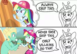 Size: 1229x858 | Tagged: safe, artist:ilaria122, artist:threetwotwo32232, derpibooru import, gladys, princess cadance, rainbow dash, zephyr breeze, alicorn, blue crushed, equestria girls, equestria girls series, always ship this, anti-shipping, belly button, clothes, comic, dialogue, exploitable meme, female, gladysdash, hat, male, meme, midriff, multicolored hair, my hero academia, parody, princess of shipping, shipper on deck, shipping, simple background, straight, surfboard, swimsuit, zephdash