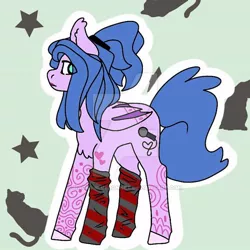 Size: 600x600 | Tagged: safe, artist:naomi-bluebonnet, derpibooru import, oc, oc:evelyn glasswater, unofficial characters only, bat pony, cat, pony, abstract background, bat pony oc, clothes, colored hooves, female, mare, microphone, ponytail, socks, solo, stars, striped socks, swirly markings, watermark