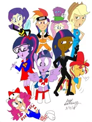 Size: 1024x1362 | Tagged: alicorn, applejack, artist:newportmuse, black panther, clothes, cosplay, costume, derpibooru import, fluttershy, hello kitty, human, humanized, mad hatter, mane six, naruto, oc, oc:twyla sparks, pinkie pie, quick draw mcgraw, rainbow dash, rarity, safe, sailor moon, sanrio, sci-twi, sunset shimmer, superman, the wonderful wasp, twilight sparkle, twilight sparkle (alicorn)