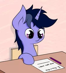 Size: 1289x1429 | Tagged: safe, artist:kimjoman, derpibooru import, oc, oc:purple flix, unofficial characters only, pony, cute, exam, finals, looking down, male, ocbetes, paper, pencil, question, reading, school, sitting, solo