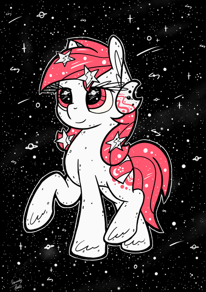 Size: 1748x2480 | Tagged: safe, artist:squeaky-belle, derpibooru import, oc, oc:temmy, ponified, unofficial characters only, pony, crescent, cutie mark, female, mare, nation ponies, singapore, solo, space, starry eyes, stars, wingding eyes