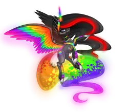 Size: 900x783 | Tagged: safe, artist:couratiel, derpibooru import, oc, oc:princess neon boom, unofficial characters only, alicorn, original species, pony, alicorn oc, colored horn, colored wings, converse, ethereal mane, female, mare, multicolored wings, neon pony, rainbow tail, rainbow wings, shoes, simple background, solo, transparent background, watermark