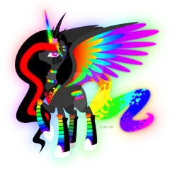 Size: 900x884 | Tagged: safe, artist:hexfloog, derpibooru import, oc, oc:princess neon boom, unofficial characters only, alicorn, original species, pony, alicorn oc, colored horn, colored wings, converse, ear piercing, earring, ethereal mane, female, jewelry, mare, multicolored wings, neon pony, piercing, rainbow tail, rainbow wings, raised hoof, regalia, shoes, simple background, solo, spread wings, transparent background, wings