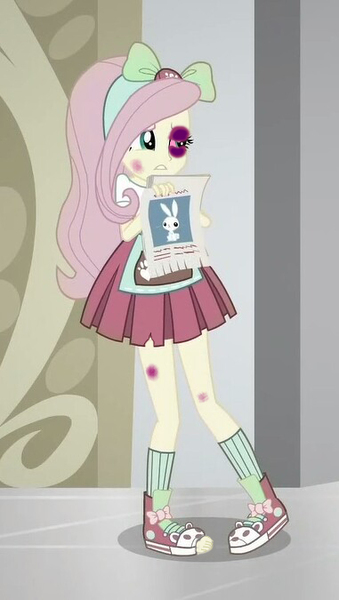 Size: 381x675 | Tagged: semi-grimdark, derpibooru import, edit, edited screencap, screencap, fluttershy, eqg summertime shorts, equestria girls, good vibes, abuse, abuse edit, black eye, edgy, eqg abuse edits, female, flutterbuse, sad, this will end in school shooting