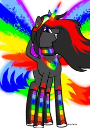 Size: 3508x4961 | Tagged: safe, artist:celestialess, derpibooru import, oc, oc:princess neon boom, unofficial characters only, alicorn, original species, pony, alicorn oc, colored horn, colored wings, female, grin, jewelry, mare, multicolored wings, neon pony, rainbow tail, rainbow wings, regalia, simple background, smiling, solo, spread wings, transparent background, wings