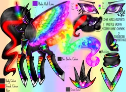 Size: 900x655 | Tagged: safe, artist:nekomellow, derpibooru import, oc, oc:princess neon boom, unofficial characters only, alicorn, bird, crow, pony, alicorn oc, colored horn, colored wings, converse, ear piercing, earring, female, gradient background, heterochromia, jewelry, mare, multicolored wings, piercing, rainbow background, rainbow tail, rainbow wings, shoes, solo