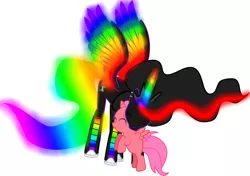 Size: 2156x1514 | Tagged: safe, artist:creshosk, derpibooru import, oc, oc:cherry bloom, oc:princess neon boom, unofficial characters only, alicorn, original species, pony, alicorn oc, colored horn, colored wings, converse, duo, ethereal mane, eyes closed, female, filly, mare, multicolored wings, neon pony, rainbow tail, rainbow wings, shoes, simple background, spread wings, transparent background, wings