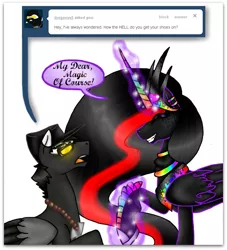 Size: 795x874 | Tagged: safe, artist:nekomellow, derpibooru import, oc, oc:princess neon boom, oc:sound blaster, unofficial characters only, alicorn, original species, pegasus, pony, alicorn oc, ask, boots, clothes, colored horn, duo, ear piercing, earring, ethereal mane, female, glowing horn, jewelry, magic, male, mare, neon pony, piercing, regalia, shoes, simple background, stallion, telekinesis, tumblr, white background