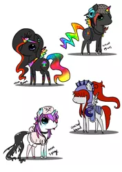 Size: 1240x1748 | Tagged: safe, artist:hoshi-kou, derpibooru import, oc, oc:crossed blood, oc:neon syringe, oc:prince neon bass, oc:princess neon boom, unofficial characters only, alicorn, original species, pony, alicorn oc, armor, colored horn, colored wings, ethereal mane, female, male, mare, multicolored wings, neon pony, quartet, rainbow tail, rainbow wings, simple background, stallion, white background