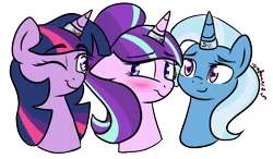 Size: 2400x1400 | Tagged: safe, artist:rarityforever, derpibooru import, edit, starlight glimmer, trixie, twilight sparkle, pony, unicorn, blushing, counterparts, cropped, cutie mark, female, horn ring, lesbian, lovewins, magical trio, one eye closed, polyamory, shipping, simple background, smiling, startrix, transparent background, twilight's counterparts, twistarlight, twixie, twixstar, wink