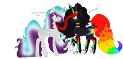 Size: 1280x621 | Tagged: safe, artist:whitephoxx, derpibooru import, oc, oc:frost heart, oc:princess neon boom, unofficial characters only, alicorn, original species, pony, alicorn oc, colored horn, colored wings, duo, ethereal mane, female, jewelry, mare, multicolored wings, neon pony, rainbow tail, rainbow wings, raised hoof, regalia, simple background, transparent background