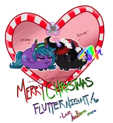 Size: 653x709 | Tagged: alicorn, alicorn oc, artist:nekomellow, christmas, chubbie, cute, derpibooru import, female, glowing horn, hat, holiday, holly, holly mistaken for mistletoe, lesbian, magic, neon pony, oc, oc:flutter night, oc:princess neon boom, oc x oc, original species, safe, santa hat, shipping, simple background, telekinesis, transparent background, unofficial characters only