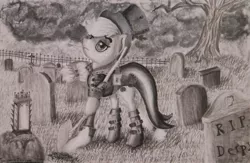 Size: 1024x668 | Tagged: safe, artist:turquoisethought, derpibooru import, applejack, pony, clothes, gravestone, hat, monochrome, nightmare night, shovel, solo, traditional art