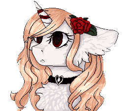 Size: 256x232 | Tagged: safe, artist:czywko, derpibooru import, oc, unofficial characters only, unicorn, animated, blinking, bust, choker, commission, female, flower, flower in hair, gif, mare, pink hair, pixel art, portrait, red eyes, rose, simple background, solo, transparent background