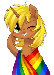 Size: 1369x1896 | Tagged: safe, artist:sonnatora, derpibooru import, oc, oc:rock, unofficial characters only, pony, unicorn, blushing, chest fluff, cute, ear fluff, gay pride, gay pride flag, looking at you, male, one eye closed, pride, pride flag, simple background, smiling, solo, transparent background, underhoof, wink