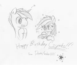 Size: 2369x2013 | Tagged: artist:devanarcher101, birthday, derpibooru import, friends, gift giving, happy birthday, monochrome, oc, oc:aria winter, oc:infinity star, safe, sketch, traditional art