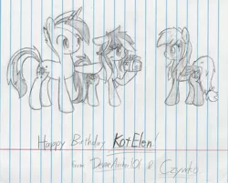 Size: 2261x1821 | Tagged: safe, artist:devanarcher101, derpibooru import, oc, oc:aria winter, oc:infinity star, oc:pumpkin cloud, unofficial characters only, earth pony, pegasus, pony, unicorn, birthday, friend, gift giving, gift wrapped, happy birthday, lined paper, monochrome, sketch, traditional art